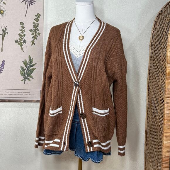 90s Y2k Cable Knit Cardigan Sweater Light Academia Indie Old Preppy Soft Girl M - Picture 1 of 5